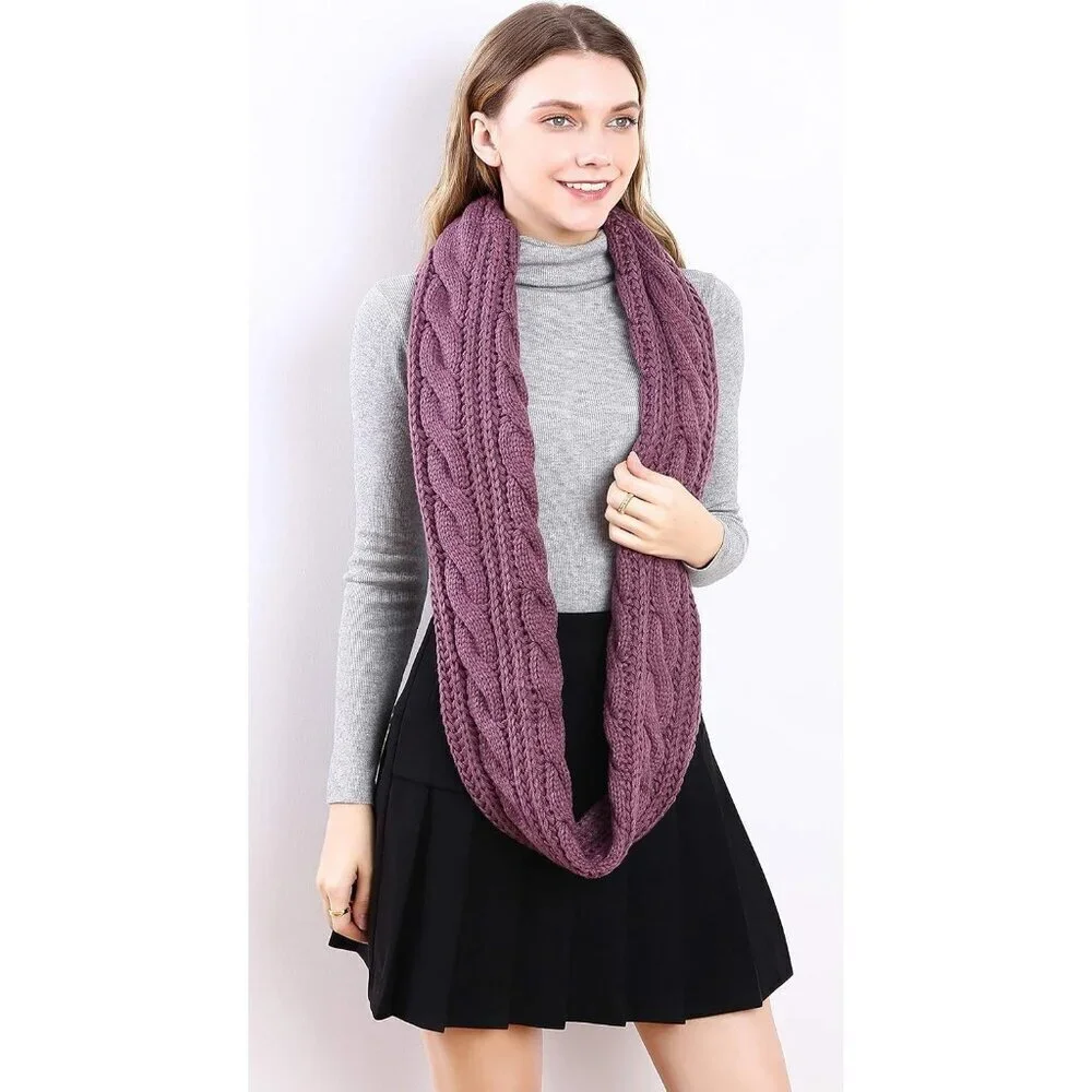 Women's  Twist Grape Purple Thick Ribbed Knit Winter Infinity Circle Loop Scarf